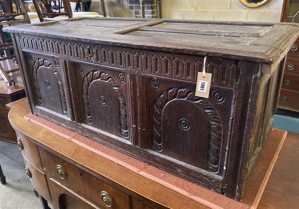An 18th century and later panelled oak coffer, length 116cm, depth 50cm, height 45cm